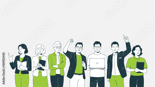 Diverse group of professionals in line art and green color accents standing confidently