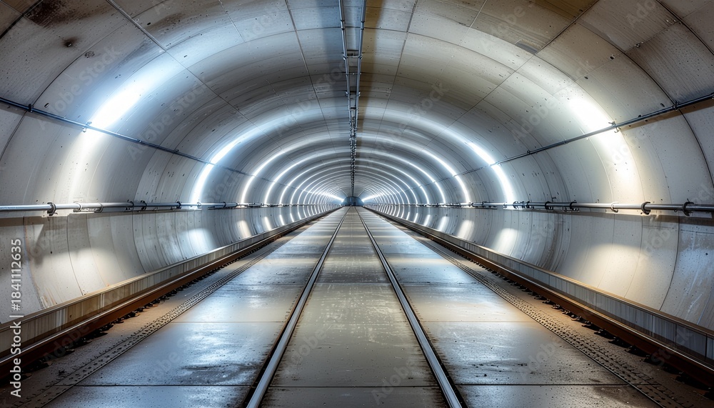 Obraz premium Long, Modern Railway Tunnel with Bright Ring Lighting and Tracks