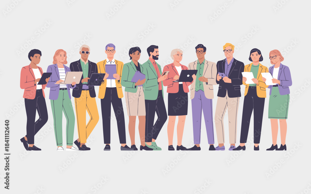 Fototapeta premium Diverse professionals from various backgrounds standing with laptops and tablets ready for business tasks