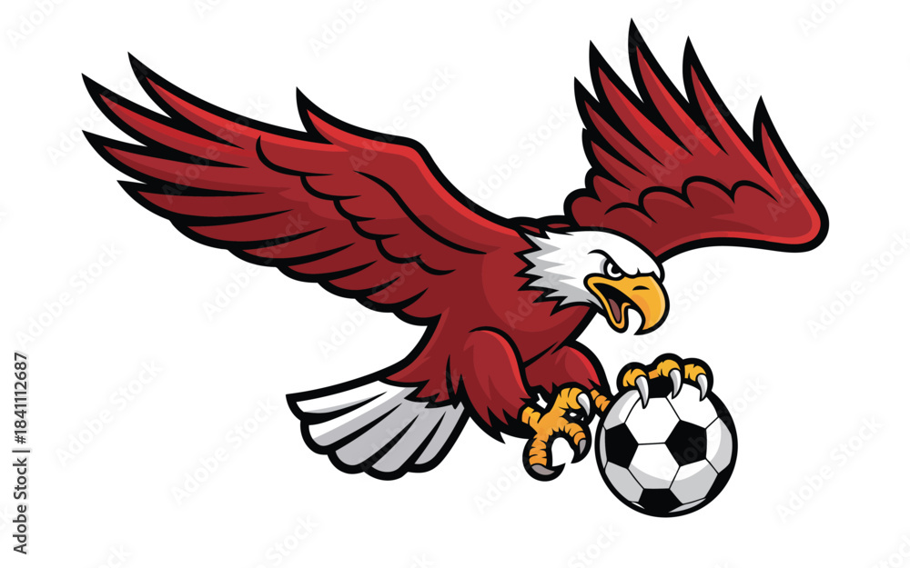 Obraz premium Dynamic bald eagle mascot with vibrant red wings flying while clutching a black and white soccer ball
