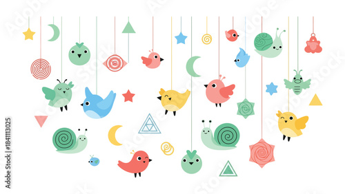 Whimsical Garland: An array of adorable, cartoonish birds and charming snails, accompanied by soft stars, crescent moons, and geometric shapes, hangs delicately, crafting an atmosphere of gentle.
