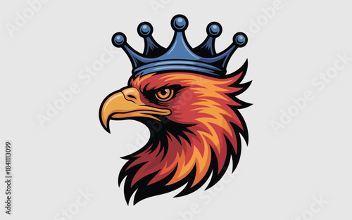 Fierce eagle or phoenix mascot wearing a blue crown with an intense orange gaze
