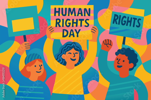 Human Rights Day concept art showing raised hands of different skin tones emerging from shadows into light, representing justice, freedom, and dignity, dramatic lighting, cinematic style