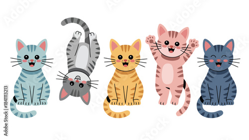 Five adorable animated cats in various poses and colors create a cheerful cartoon scene on white