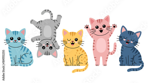 Five cute diverse cartoon cats show off different fun poses and expressions