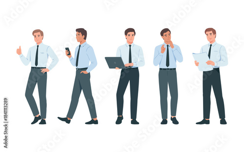 Five diverse professional men showcasing different office tasks and confident poses