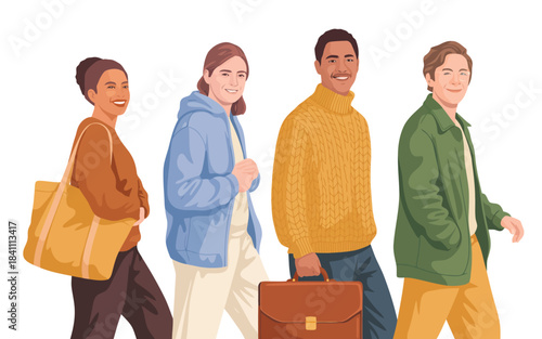 Four diverse young adults walking forward and smiling, dressed in casual attire on a white background