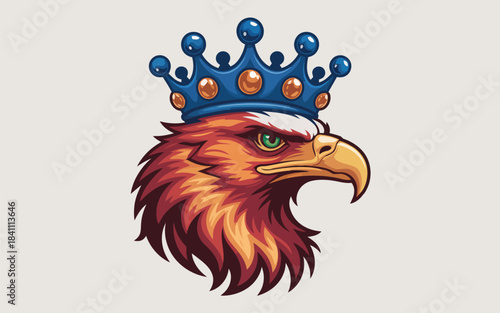 Majestic crowned eagle or phoenix head with fiery plumage and a striking green eye
