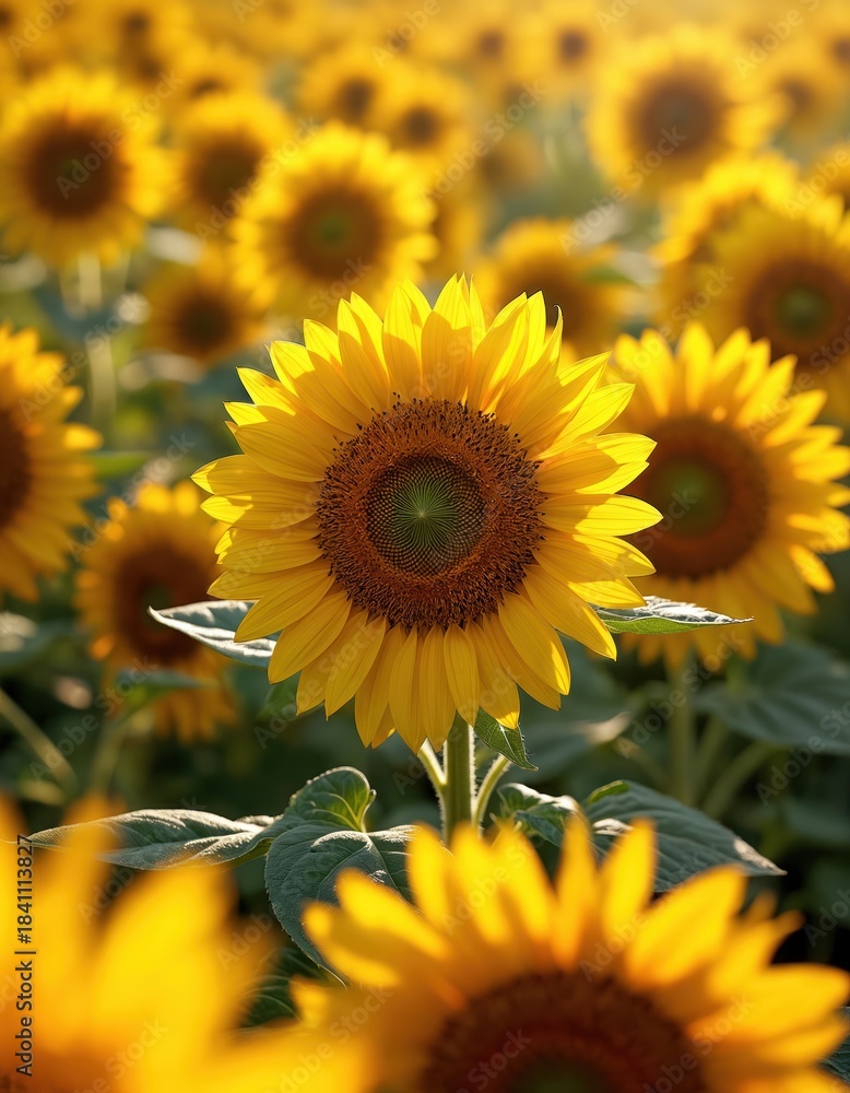 Fototapeta premium Close-up view of bright yellow sunflowers in field during sunset. Tall green stems hold large flower heads facing warm light. Blurred background blooms create golden hour atmosphere.