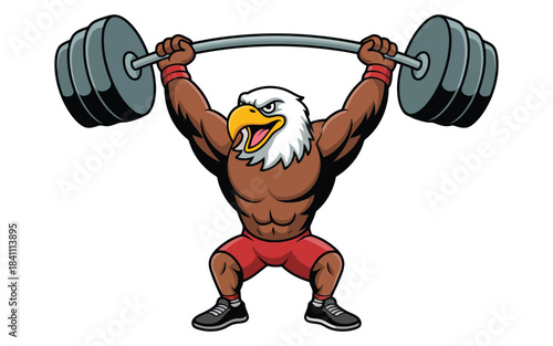 Powerful cartoon bald eagle mascot performing an overhead press with a massive barbell demonstrating strength