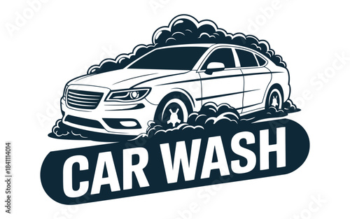 Sleek car wash business logo featuring a modern sedan surrounded by foamy bubbles