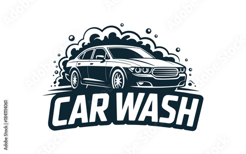 Stylized black and white car wash logo featuring a modern four door sedan car with suds