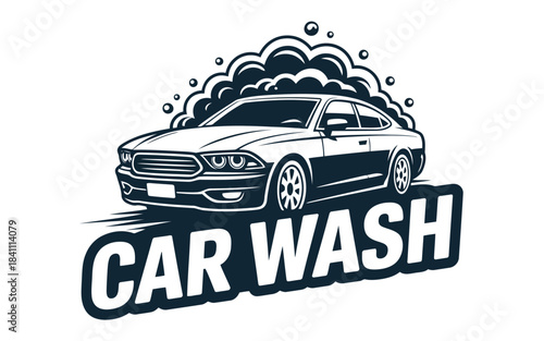 Stylized black and white logo for a car wash service featuring a sleek two door coupe vehicle