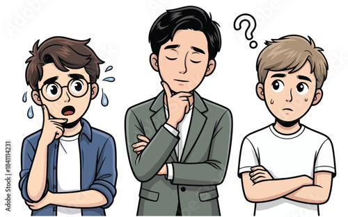 Three cartoon men with question marks express diverse feelings of uncertainty and contemplation