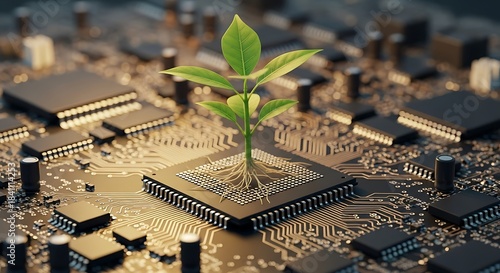A vibrant seedling takes root within a complex circuit board, symbolizing the merging of technology and nature.