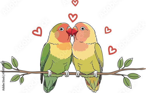 Adorable illustration of two lovebirds perched closely together on a branch surrounded by hearts