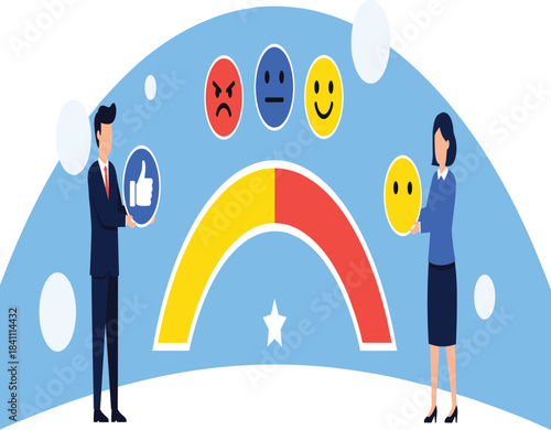 Customer Satisfaction Meter Vector Illustration with People Measuring Service Quality Feedback and Emotion Emojis.