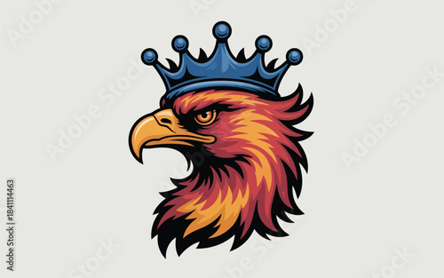 Vibrant orange and red eagle head proudly wearing a regal blue crown on a plain background