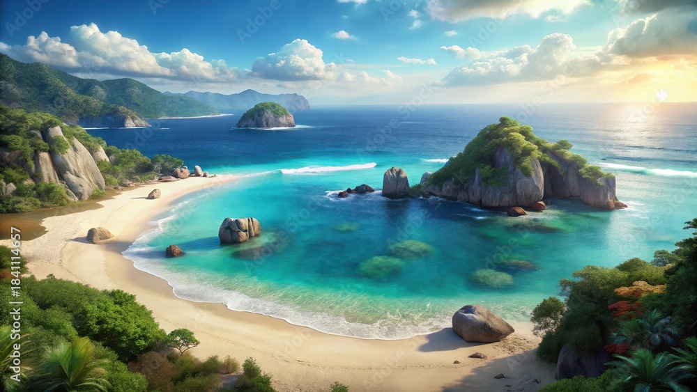 Fototapeta premium Serene paradise revealed Rosa Beachs gemstone shores and emerald seas