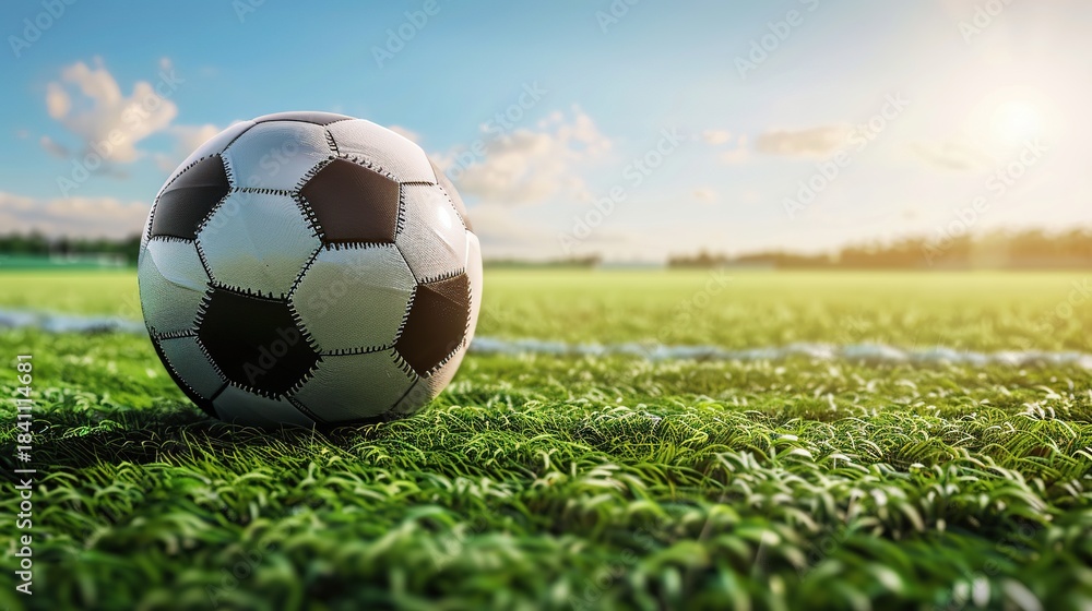 Naklejka premium occer Ball on Green Pitch,Suitable for sports brand ads, football match promotions, fitness content, and athletic event marketing visuals.