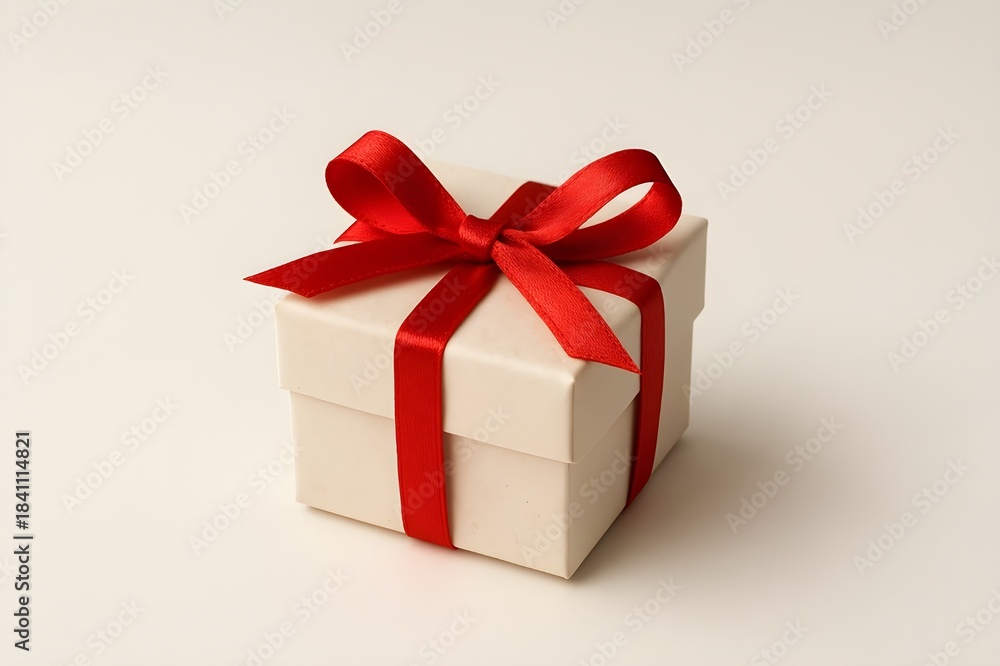 Obraz premium A small white gift box tied with a bright red ribbon, elegantly presented for a special occasion.