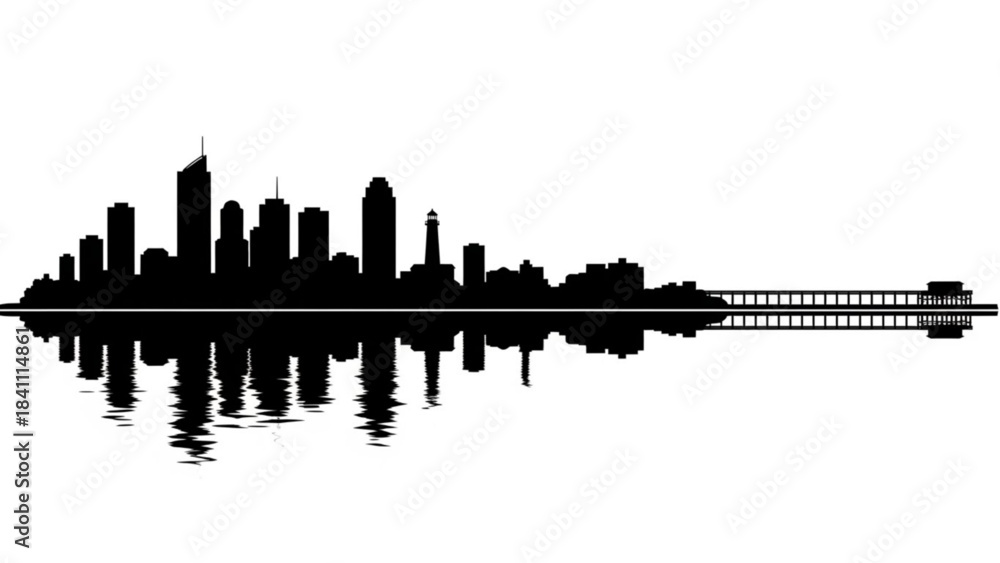 Naklejka premium Black silhouette skyline and bridge reflection white