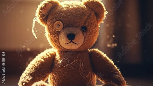 Vintage Teddy Bear's Nostalgic Story: A Timeless Friend Reflecting Warmth and Comfort, Illuminated by Gentle Sunlight and Evoking Memories of Childhood Innocence