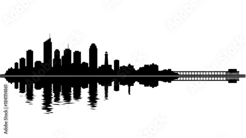 Black silhouette skyline and bridge reflection white