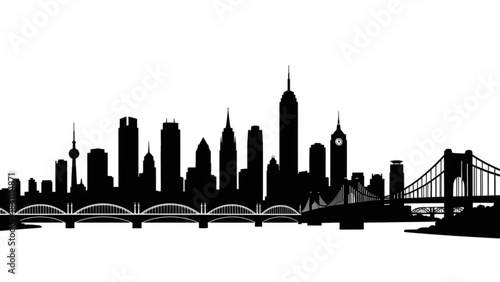 Black silhouette of a modern city skyline with bridges over water