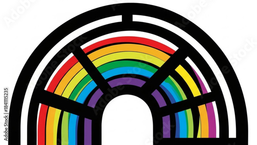 Rainbow maze arch design with bright colors and black outline