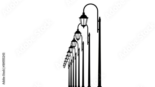 Row of vintage street lamps in perspective