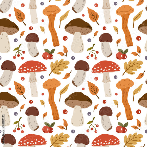 Cute autumn seamless pattern with mushrooms, leaves and berries on a white background. Vector hand-drawn flat illustration. Perfect for wallpaper, wrapping paper, textiles. Botanical print.