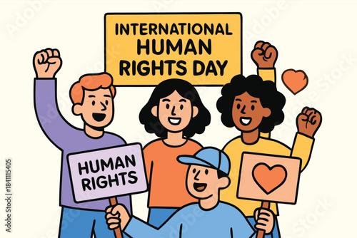 Human Rights Day concept art showing raised hands of different skin tones emerging from shadows into light, representing justice, freedom, and dignity, dramatic lighting, cinematic style