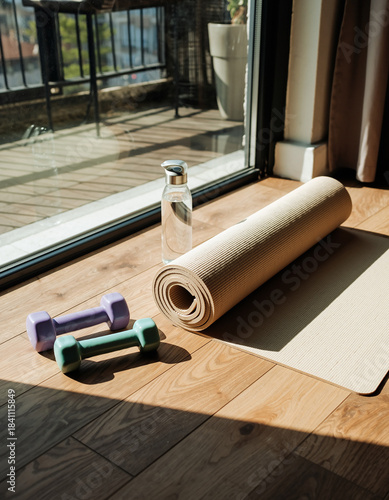 Minimalist home gym setup with yoga mat and dumbbells