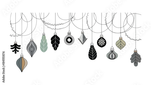 Holiday Ornaments Display: A collection of uniquely designed ornaments, each with a distinctive shape and texture, gracefully suspended from delicate strings.