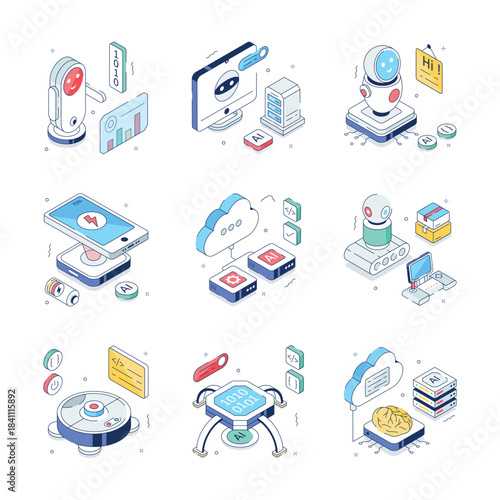 A visually appealing isometric illustration of artificial intelligence, easy to edit