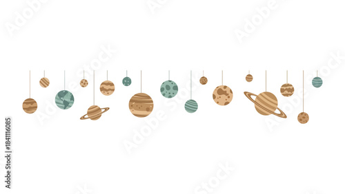 Celestial Bodies in Serene Display: A captivating string of planets, each meticulously designed, gracefully suspended in the void. A blend of artistic craftsmanship and cosmic beauty.