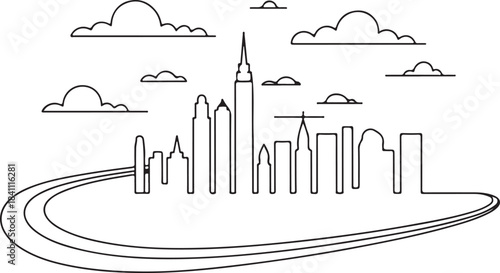 Continuous Line Art Skyline Drawn in a Giant Curve Sweep in Minimal Contour Outline Style