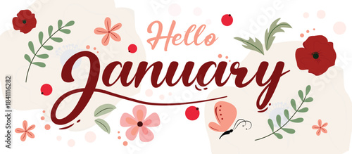 January Hello, Vector Illustration with Flowers, Berries and Butterfly.