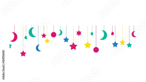 Celestial Garland: A vibrant, enchanting illustration of a garland, adorned with a constellation of stars, crescent moon, and round shapes, each suspended by delicate threads.