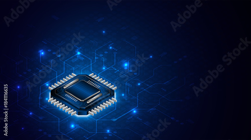 Microchip processor circuit board technology on dark blue background. Information Processing Concept. Circuit board hi-tech technology background. vector illustration