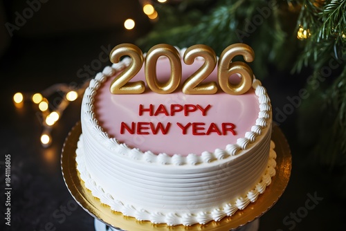 Happy New Year 2026 cake with gold numbers, festive lights and green decorations.