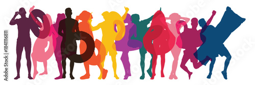 Colorful Summer Party Silhouette Crowd: Vector of People with Swim Rings and Beach Gear.