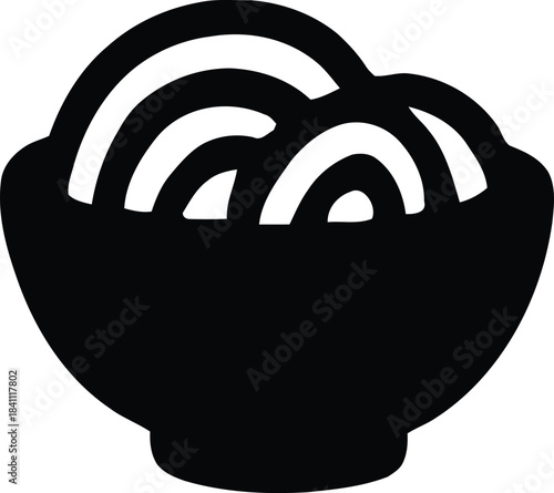 This graphic showcases a sleek silhouette of a bowl filled with pasta. The design emphasizes the curves of the noodles, making it an attractive representation of Italian cuisine. It's perfect for topi