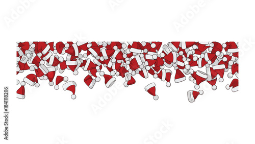 Festive Santa's Hats: A cascading array of vibrant Santa hats, each adorned with a fluffy white trim, create a whimsical border, embodying the cheerful spirit of the holiday season. 