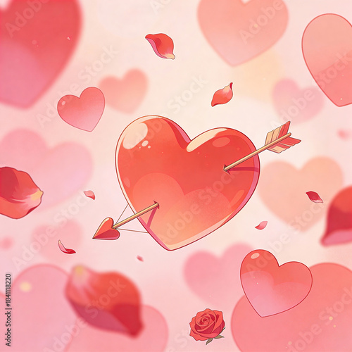 Cupid's Arrow Heart with Rose Petals Background