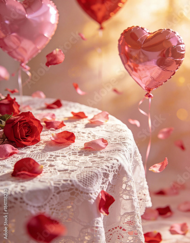 Romantic Valentine's Day Scene with Roses and Heart Balloons