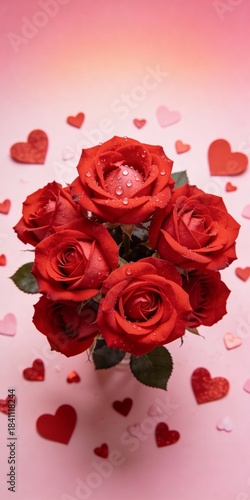 Romantic Red Roses Bouquet with Hearts on Pink Background