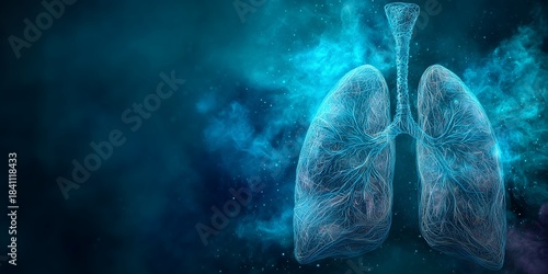 Abstract futuristic digital lungs in blue shining network on dark background. Concept for medical technology, respiratory system research and healthcare innovation