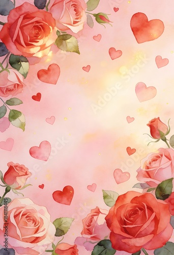 Romantic Watercolor Roses and Hearts Background